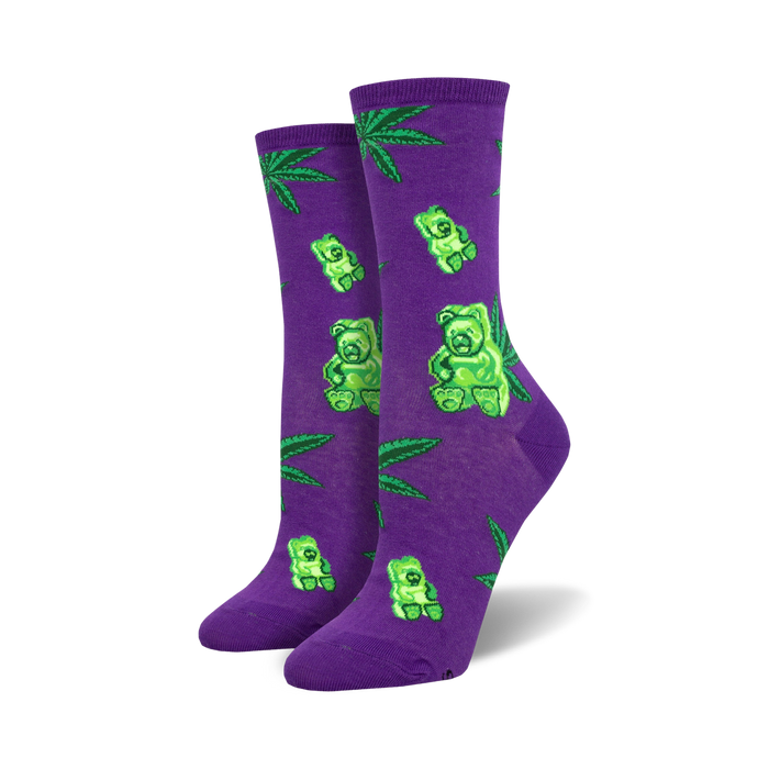 purple crew socks with green gummy bear and marijuana leaf pattern. perfect for women who love weed.   