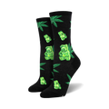 Lifestyle shot showing the black Weed Gummies socks on a person's feet.