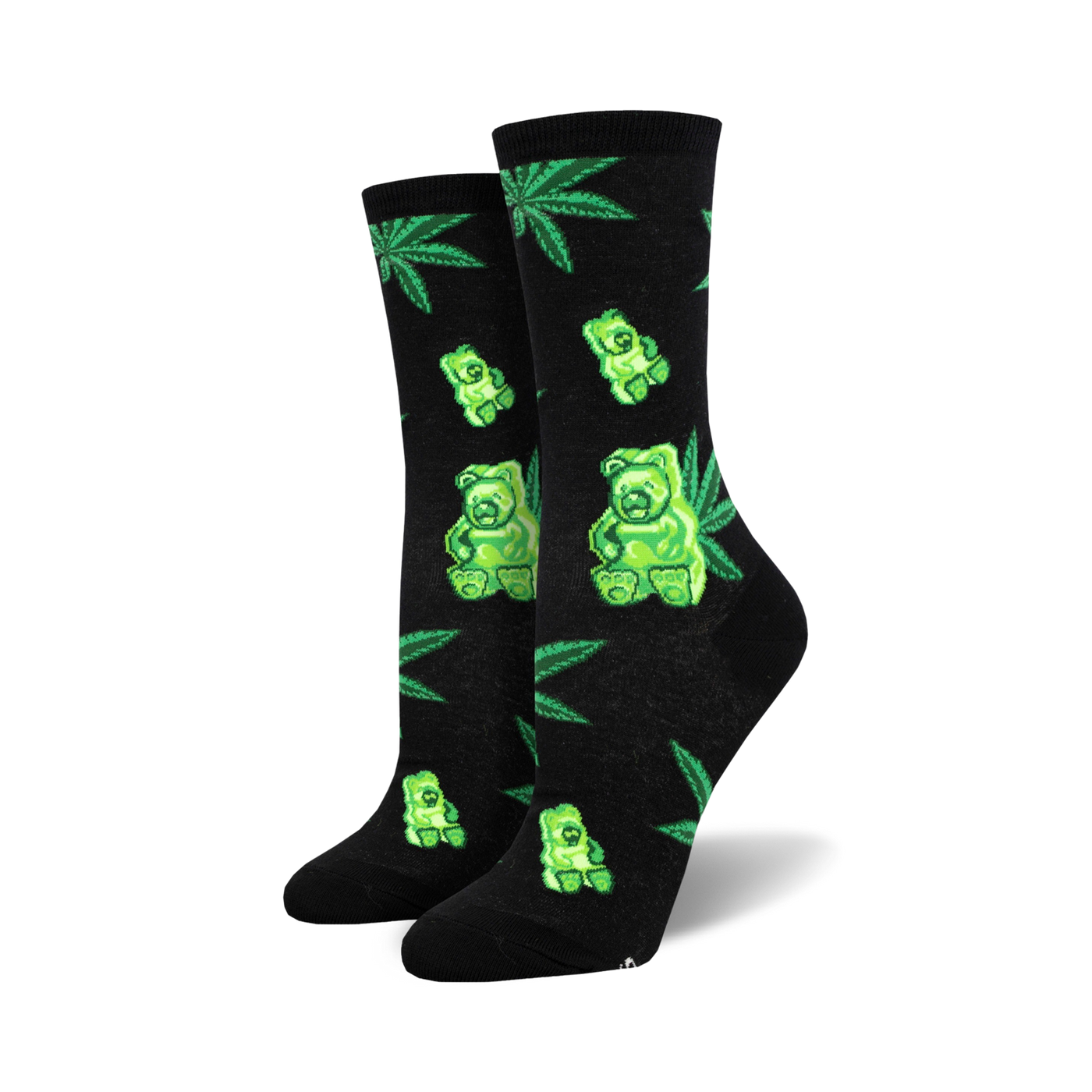 Lifestyle shot showing the black Weed Gummies socks on a person's feet.