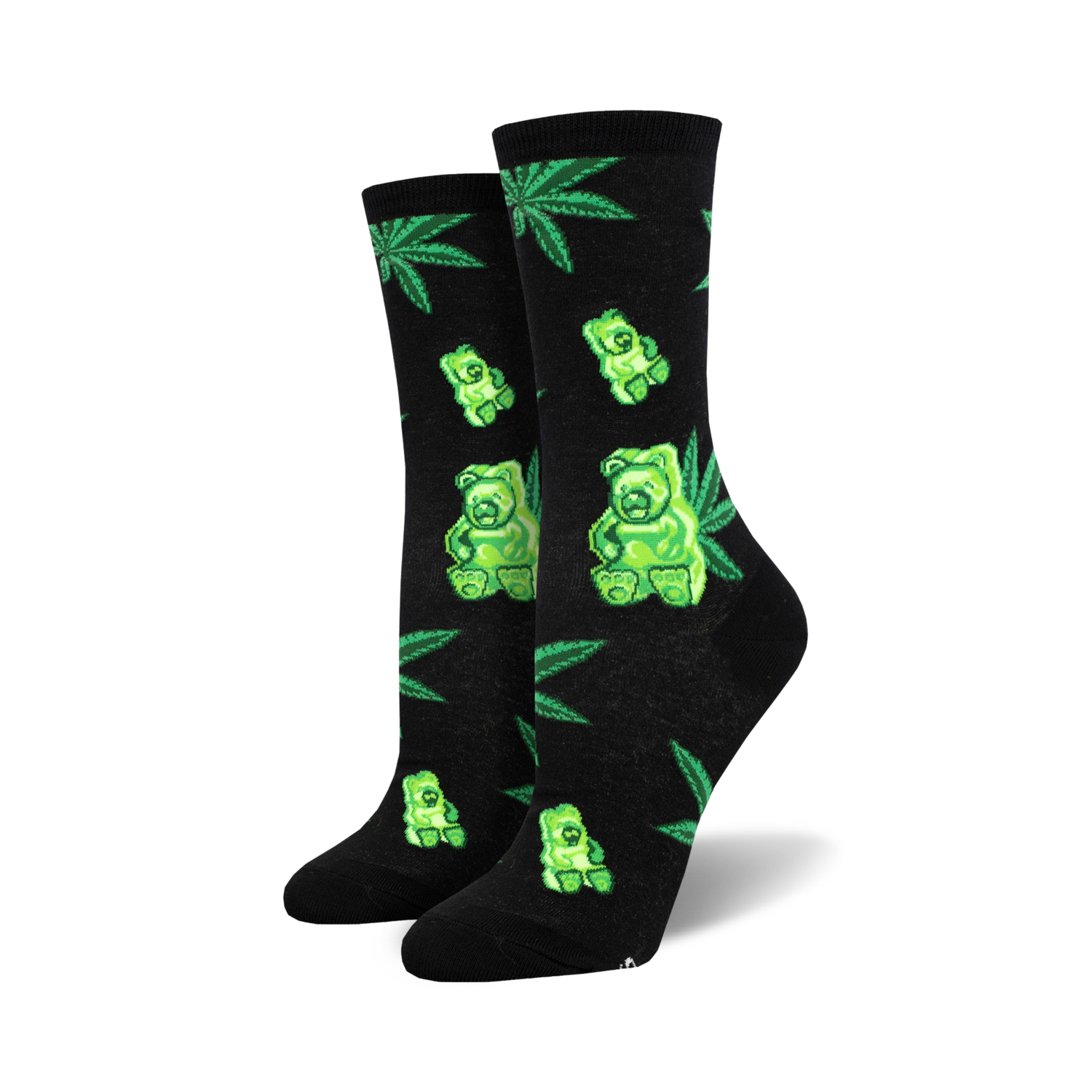 Lifestyle shot showing the black Weed Gummies socks on a person's feet.