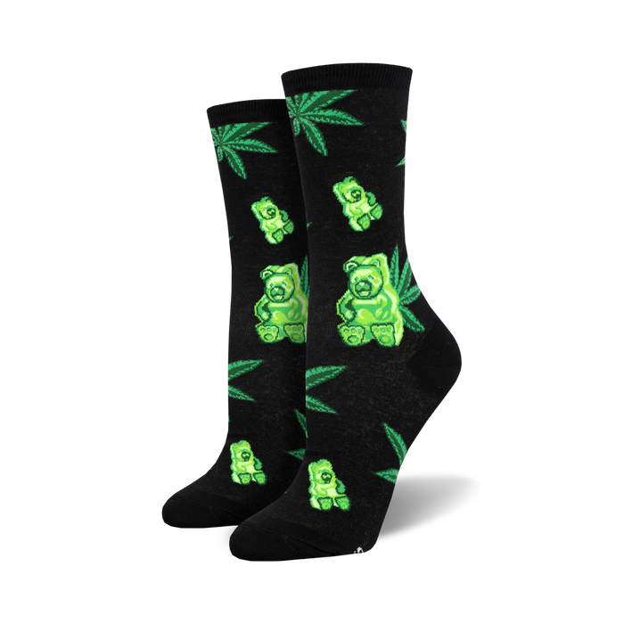 black crew socks with a pattern of green marijuana leaves and green gummy bears.   