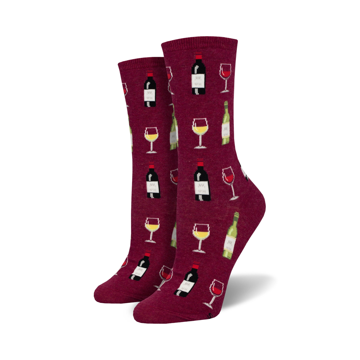 Pair of women's crew socks. Burgundy background with repeating pattern of wine bottles and glasses. 