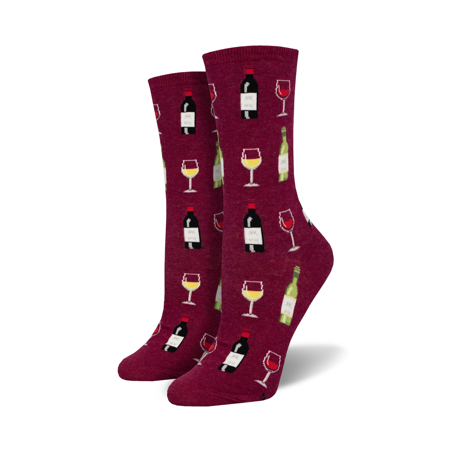 Pair of women's crew socks. Burgundy background with repeating pattern of wine bottles and glasses. 