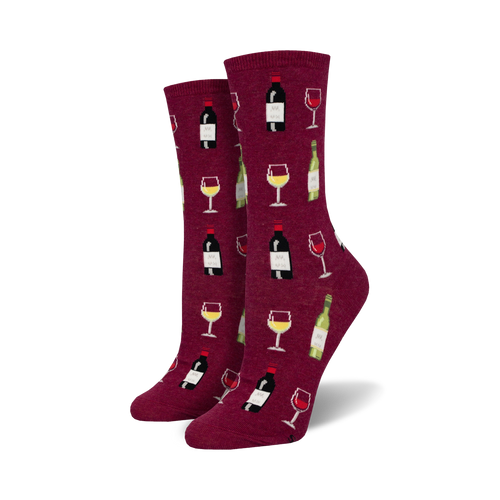 Pair of women's crew socks. Burgundy background with repeating pattern of wine bottles and glasses. 