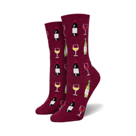 maroon women's crew socks with a pattern of wine glasses and wine bottles.  