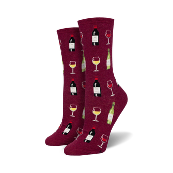 maroon women's crew socks with a pattern of wine glasses and wine bottles.  
