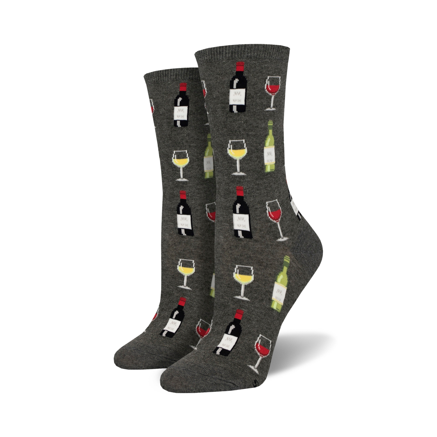 Lifestyle product shot showing the grey 'Fine Wine' socks on a model's feet.
