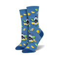 Pair of crew socks in blue and green, featuring a whimsical pattern of gin bottles, lemons, limes, and botanicals.