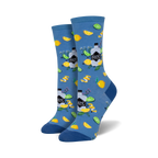 Pair of crew socks in blue and green, featuring a whimsical pattern of gin bottles, lemons, limes, and botanicals.