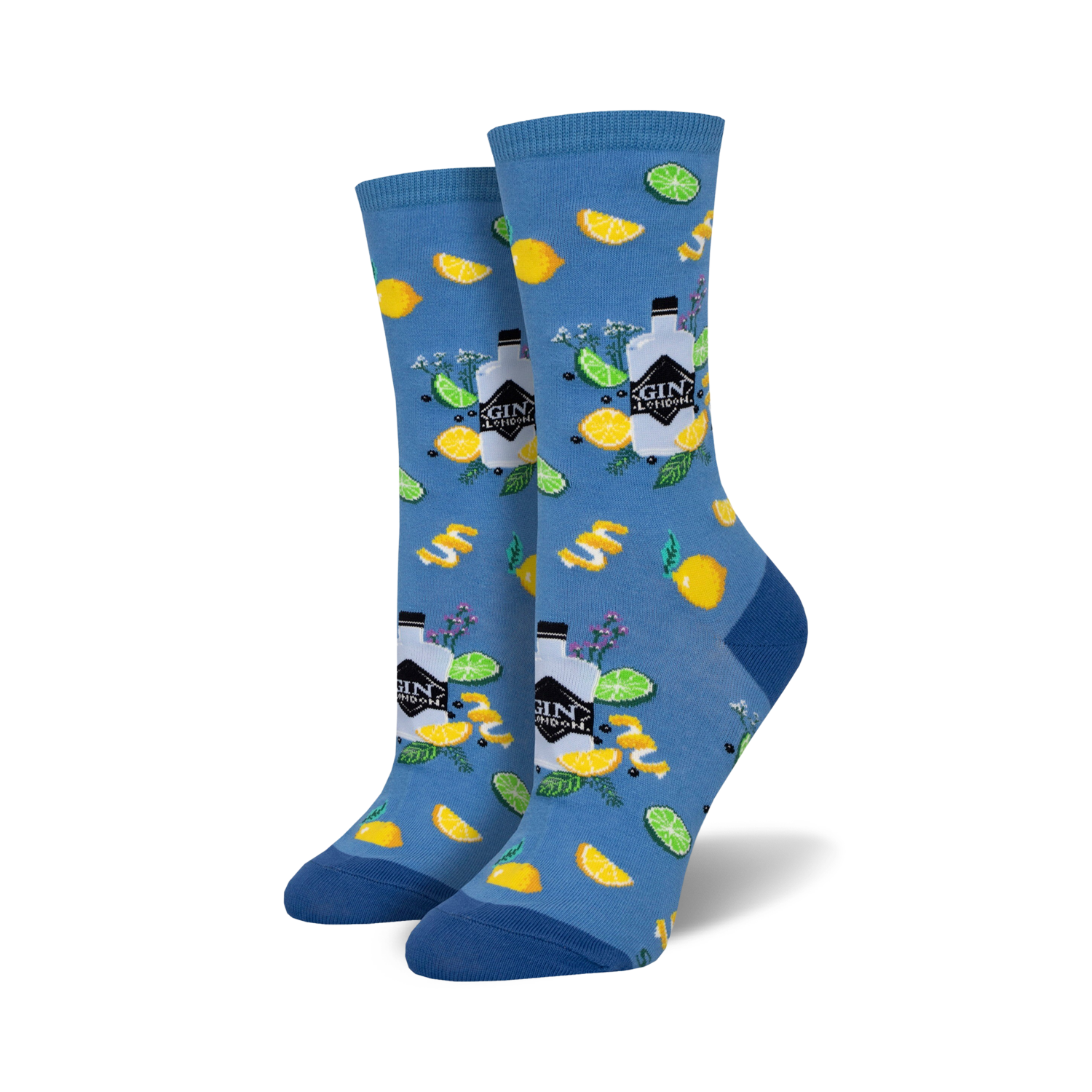 Pair of crew socks in blue and green, featuring a whimsical pattern of gin bottles, lemons, limes, and botanicals.