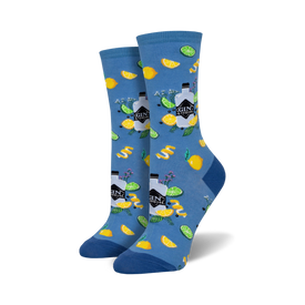 blue crew socks with gin and citrus fruits pattern.  