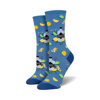 blue crew socks with gin and citrus fruits pattern.  