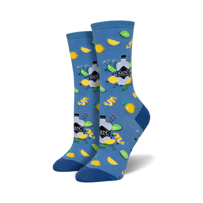 blue crew socks with gin and citrus fruits pattern.  