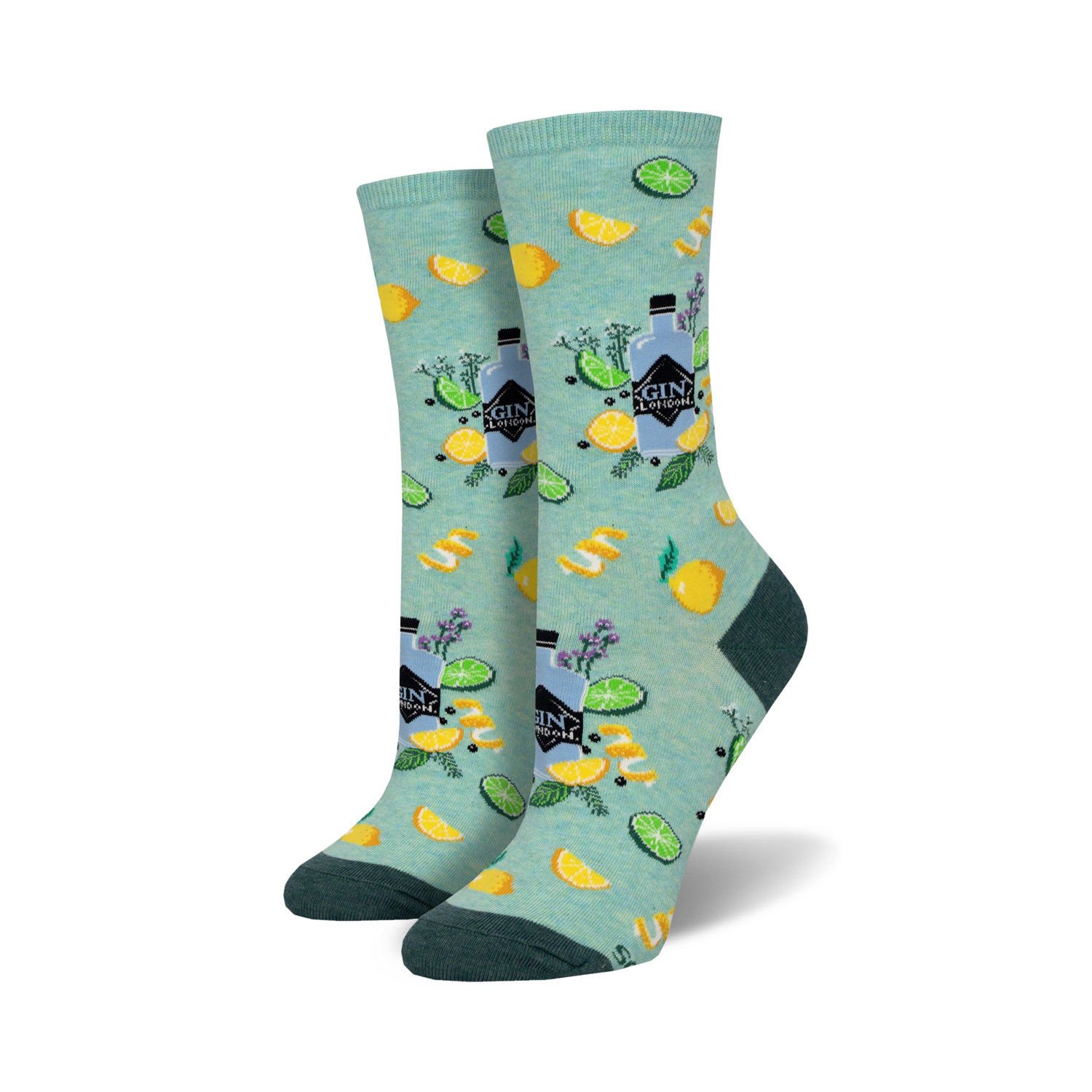 Lifestyle shot showing the teal 'Gin It To Win It' socks on a model's feet, highlighting their fit and pattern.