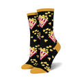 Pair of crew socks in black with a popcorn design. Red and yellow popcorn buckets and kernels are on a black background; yellow tops and toes.