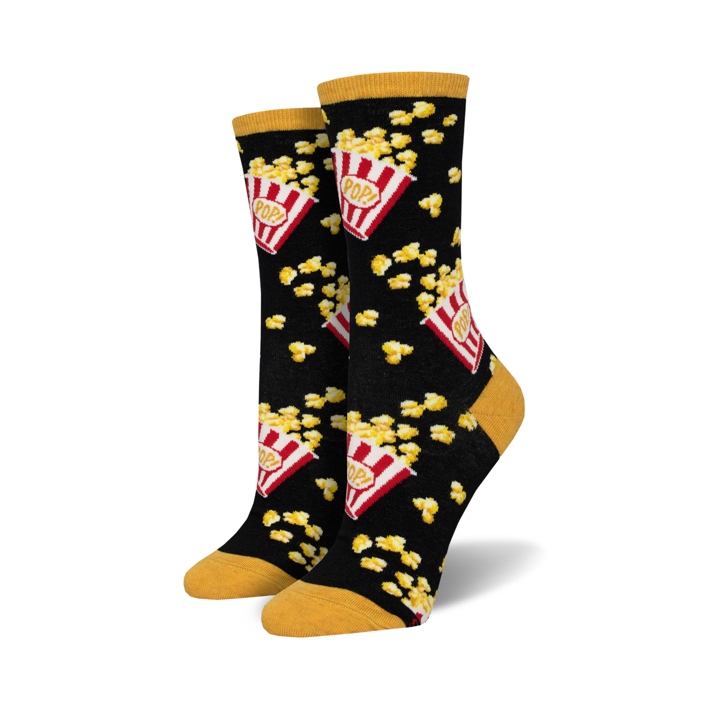 Pair of crew socks in black with a popcorn design. Red and yellow popcorn buckets and kernels are on a black background; yellow tops and toes.