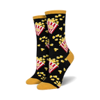 Pair of crew socks in black with a popcorn design. Red and yellow popcorn buckets and kernels are on a black background; yellow tops and toes.