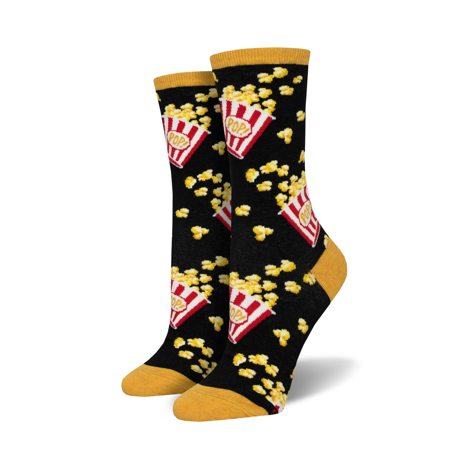 Pair of crew socks in black with a popcorn design. Red and yellow popcorn buckets and kernels are on a black background; yellow tops and toes.