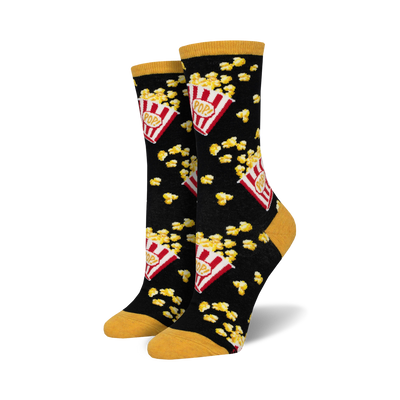 popcorn crew socks in black with a pattern of popcorn buckets.   