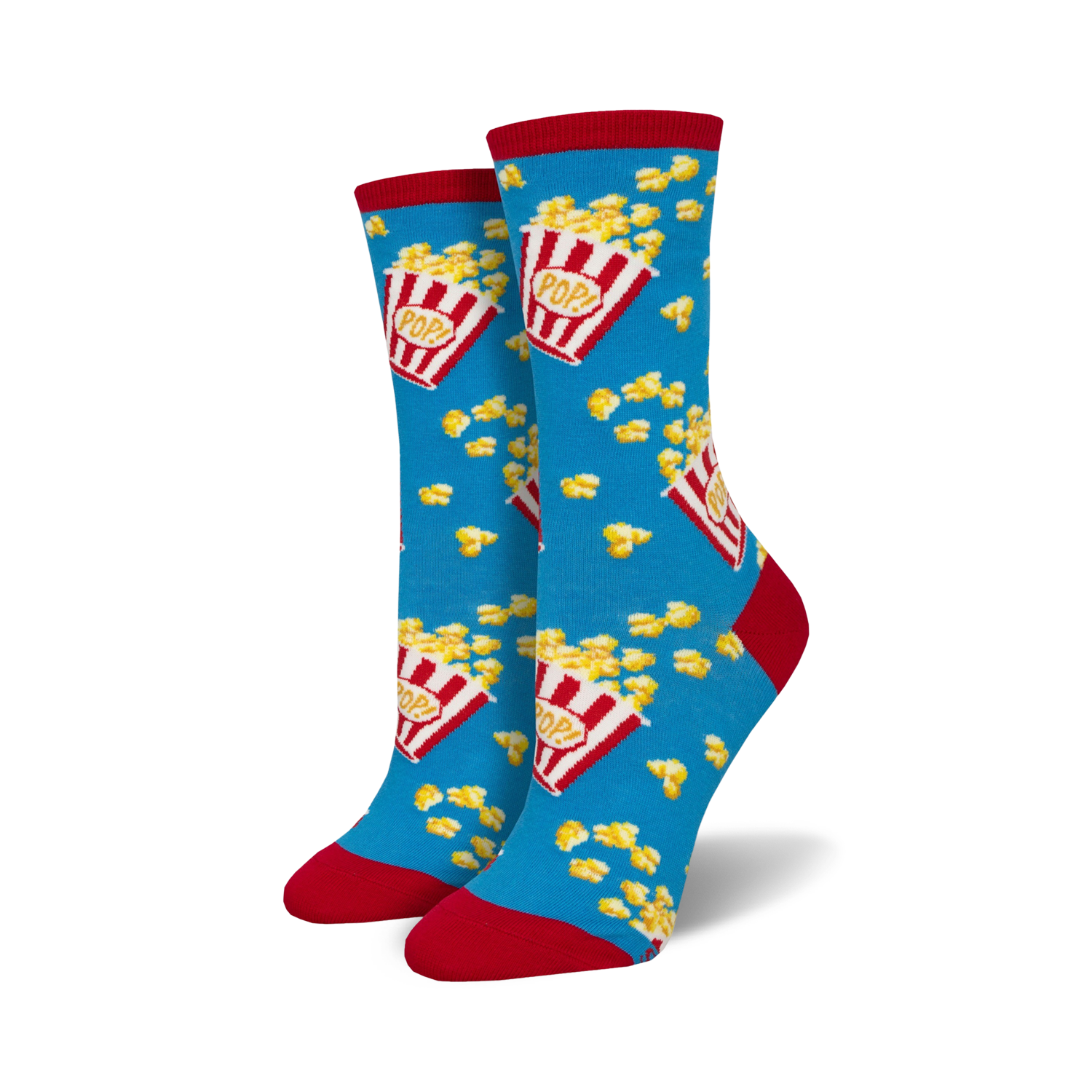 Lifestyle shot of a person wearing the blue popcorn socks. These socks feature a similar design to the main image, but on a light blue background.