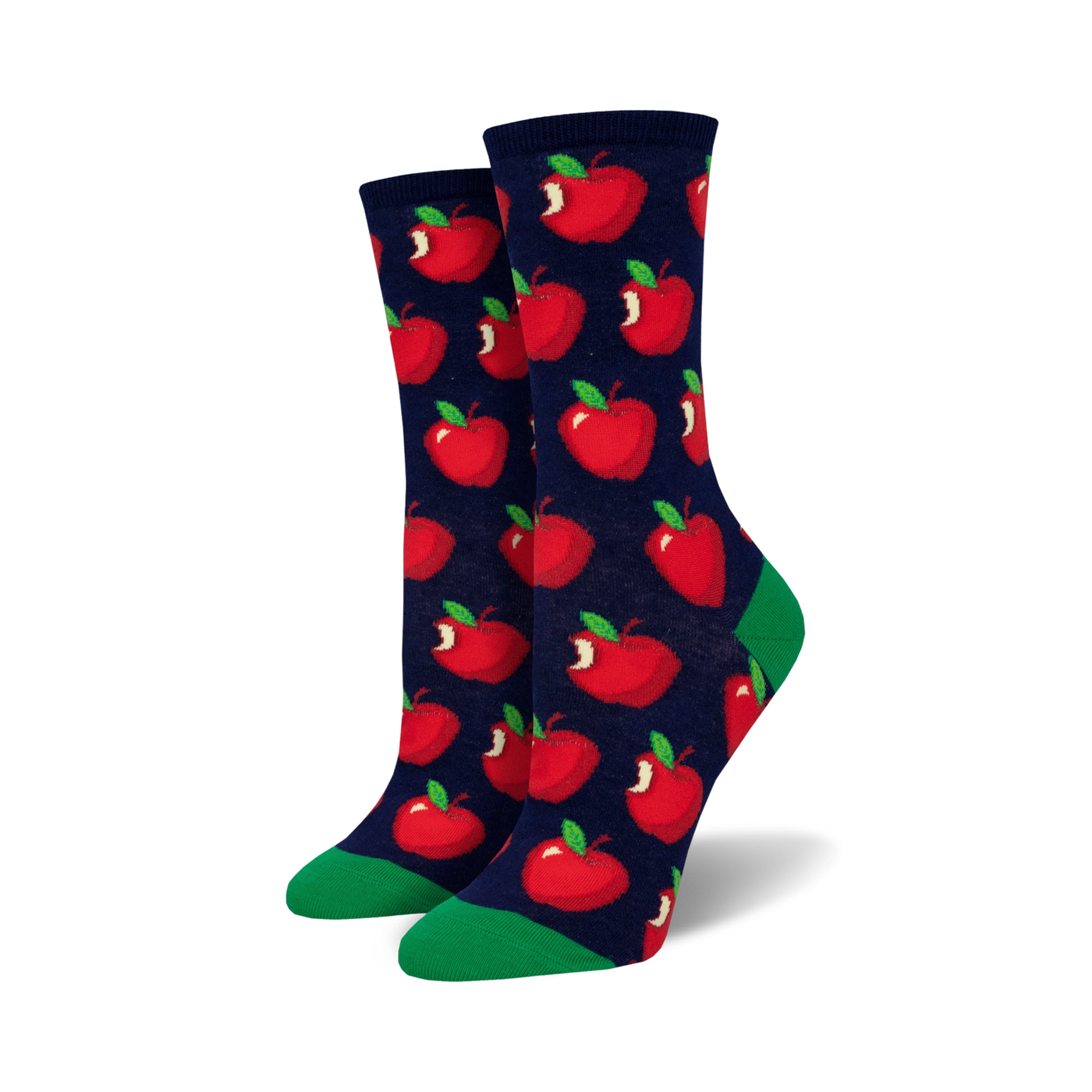 Pair of crew socks with a red apple pattern on a navy blue background and green cuffs. 