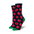 Pair of crew socks with a red apple pattern on a navy blue background and green cuffs. 