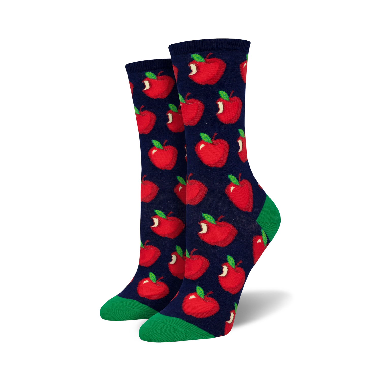 Pair of crew socks with a red apple pattern on a navy blue background and green cuffs. 