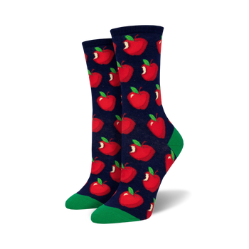 dark blue crew socks featuring red apples with green stems and leaves, women's.   