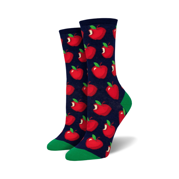 dark blue crew socks featuring red apples with green stems and leaves, women's.   