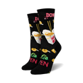 Pair of black crew socks with a takeout-themed design. Features noodles, fortune cookies, chopsticks, and the phrase 'Go Open'.
