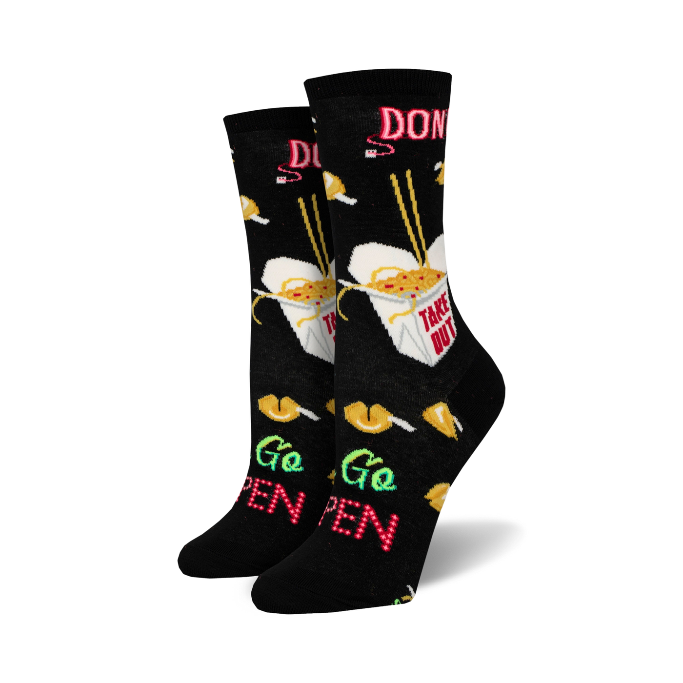 Pair of black crew socks with a takeout-themed design. Features noodles, fortune cookies, chopsticks, and the phrase 'Go Open'.