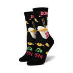 Pair of black crew socks with a takeout-themed design. Features noodles, fortune cookies, chopsticks, and the phrase 'Go Open'.