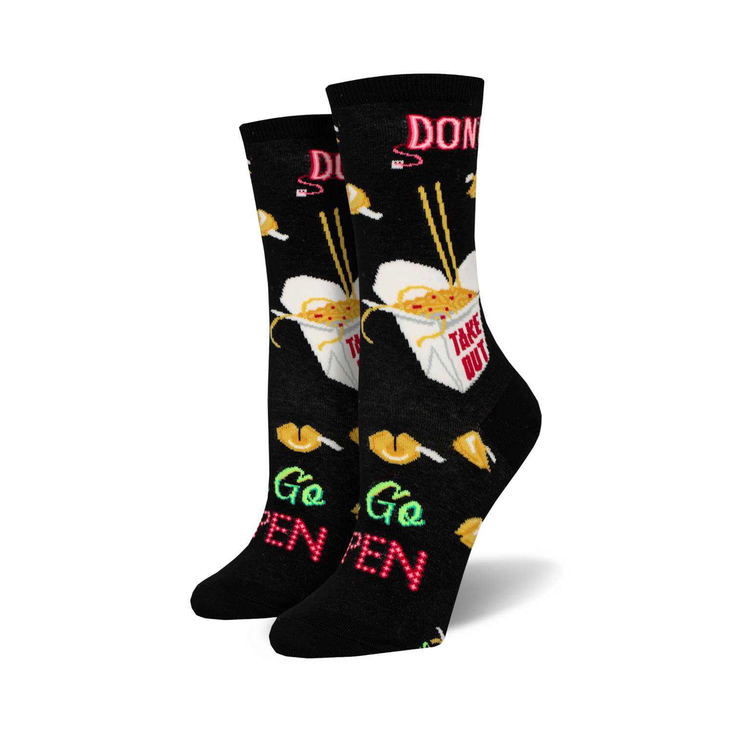 Pair of black crew socks with a takeout-themed design. Features noodles, fortune cookies, chopsticks, and the phrase 'Go Open'.
