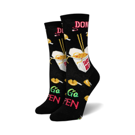 womens crew socks in black decorated with red and white neon signs and images of takeout containers, chopsticks with noodles, and fortune cookies.  