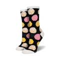 A pair of black crew socks with a fun pattern of colorful pan dulce (conchas) in pink, yellow, and white.
