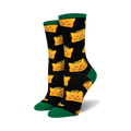 Pair of crew socks, black with repeating pattern of orange cat-shaped tacos.  Green cuffs. 