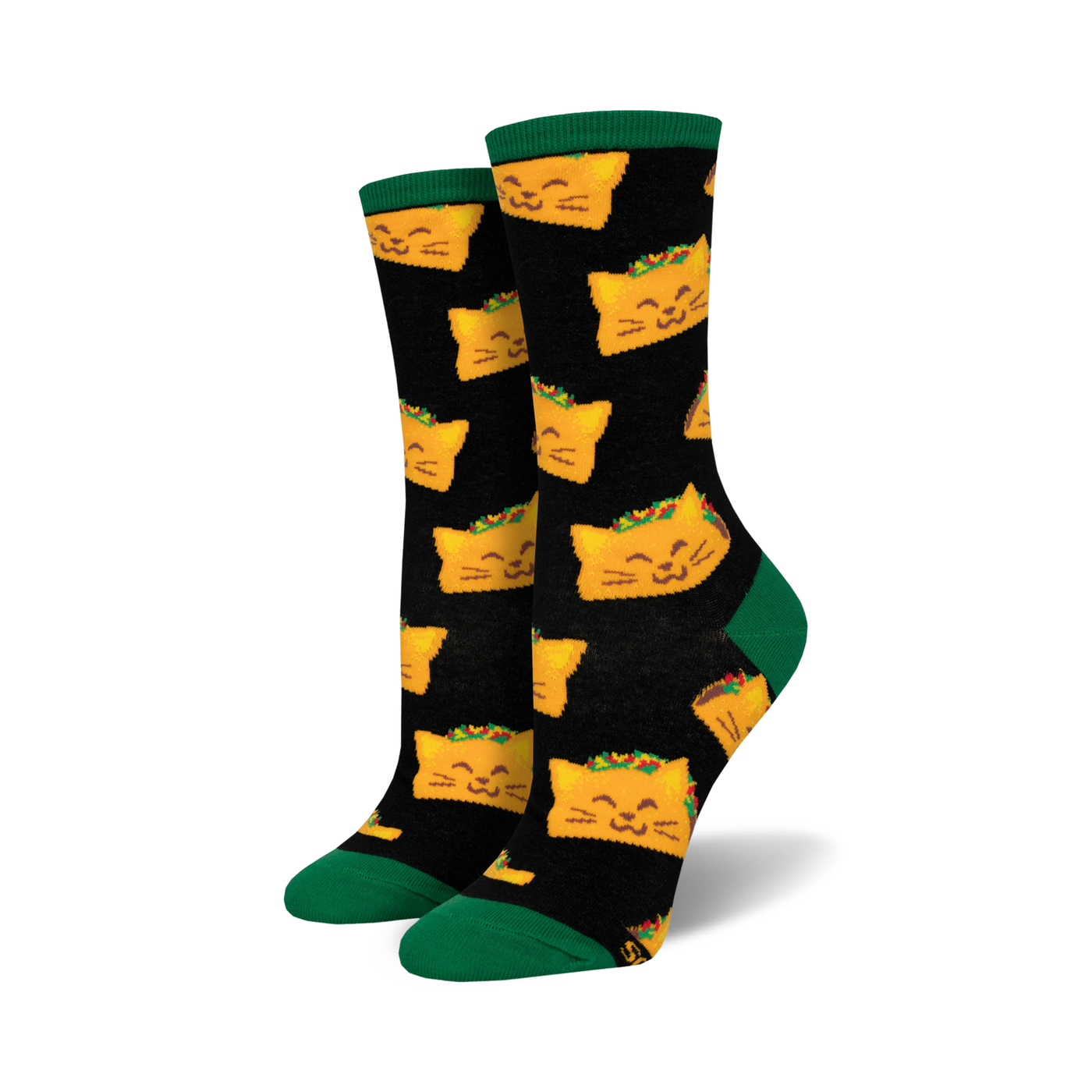 Pair of crew socks, black with repeating pattern of orange cat-shaped tacos.  Green cuffs. 