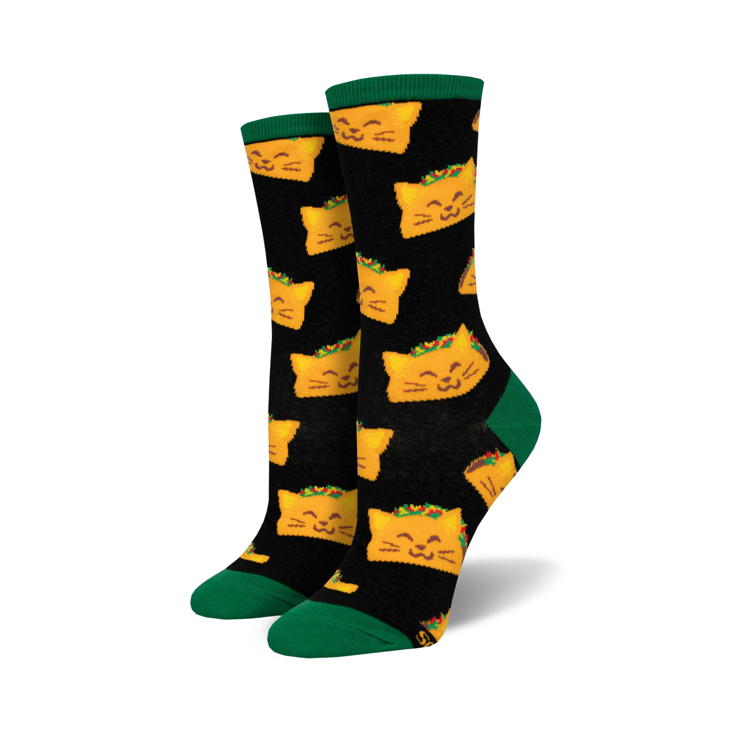 Pair of crew socks, black with repeating pattern of orange cat-shaped tacos.  Green cuffs. 