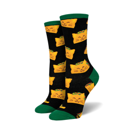 black crew socks for women with an allover pattern of cartoon cats with taco shells for bodies.  
