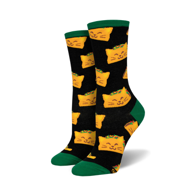 black crew socks for women with an allover pattern of cartoon cats with taco shells for bodies.  