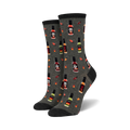 Pair of women's crew socks in grey with a repeating pattern of pixelated hot sauce bottles, skulls, and chili peppers.