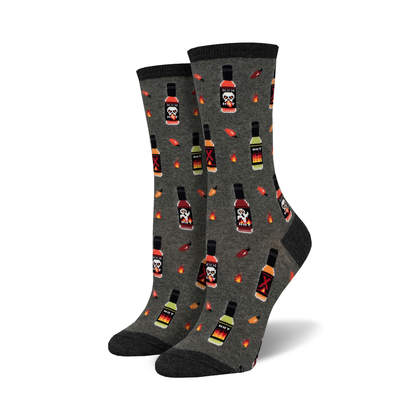 Pair of women's crew socks in grey with a repeating pattern of pixelated hot sauce bottles, skulls, and chili peppers.