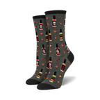 Pair of women's crew socks in grey with a repeating pattern of pixelated hot sauce bottles, skulls, and chili peppers.