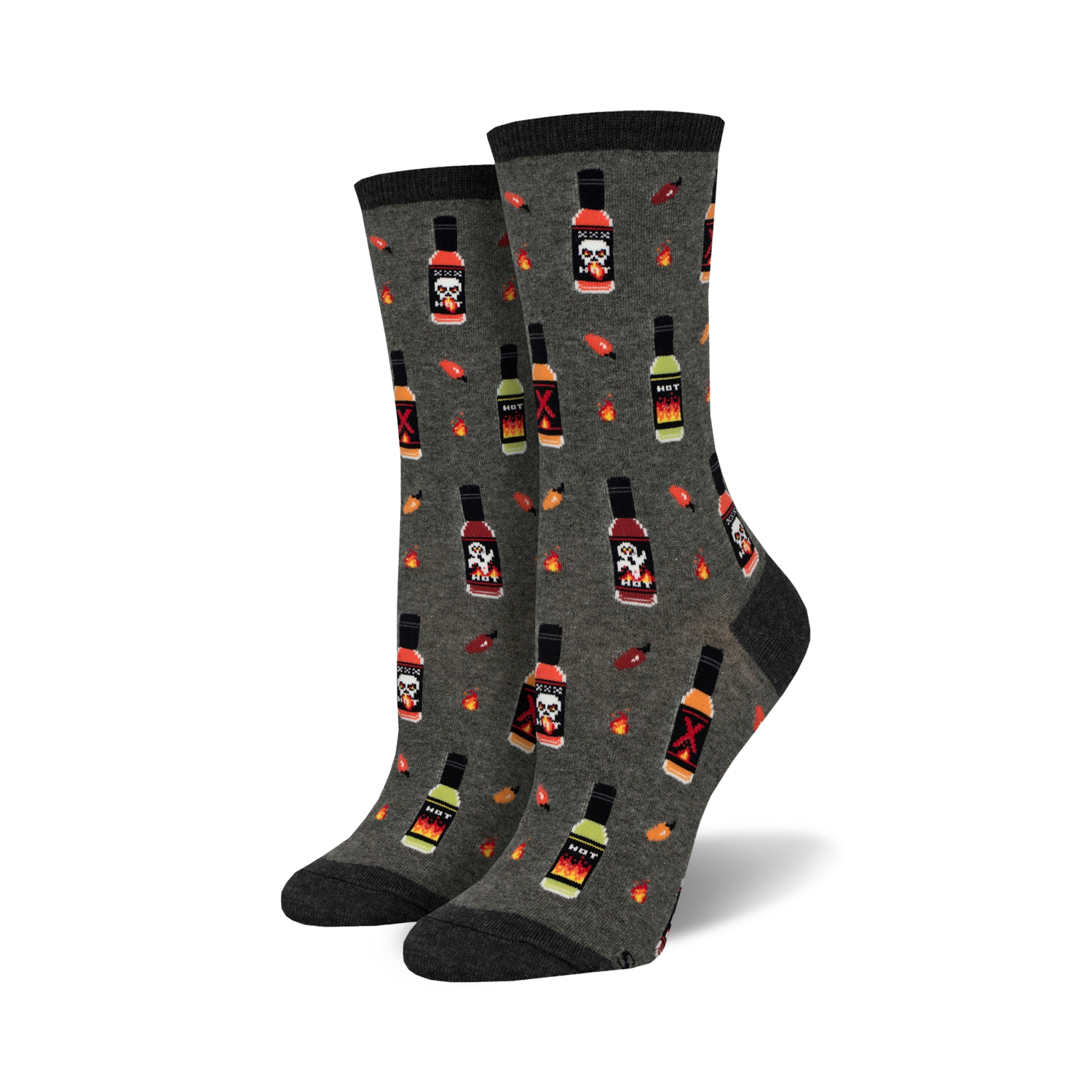Pair of women's crew socks in grey with a repeating pattern of pixelated hot sauce bottles, skulls, and chili peppers.