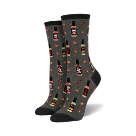 crew length women's socks with a hot sauce, flame and skull pattern.  
