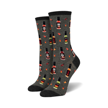 crew length women's socks with a hot sauce, flame and skull pattern.  