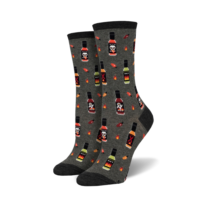 crew length women's socks with a hot sauce, flame and skull pattern.   }}
