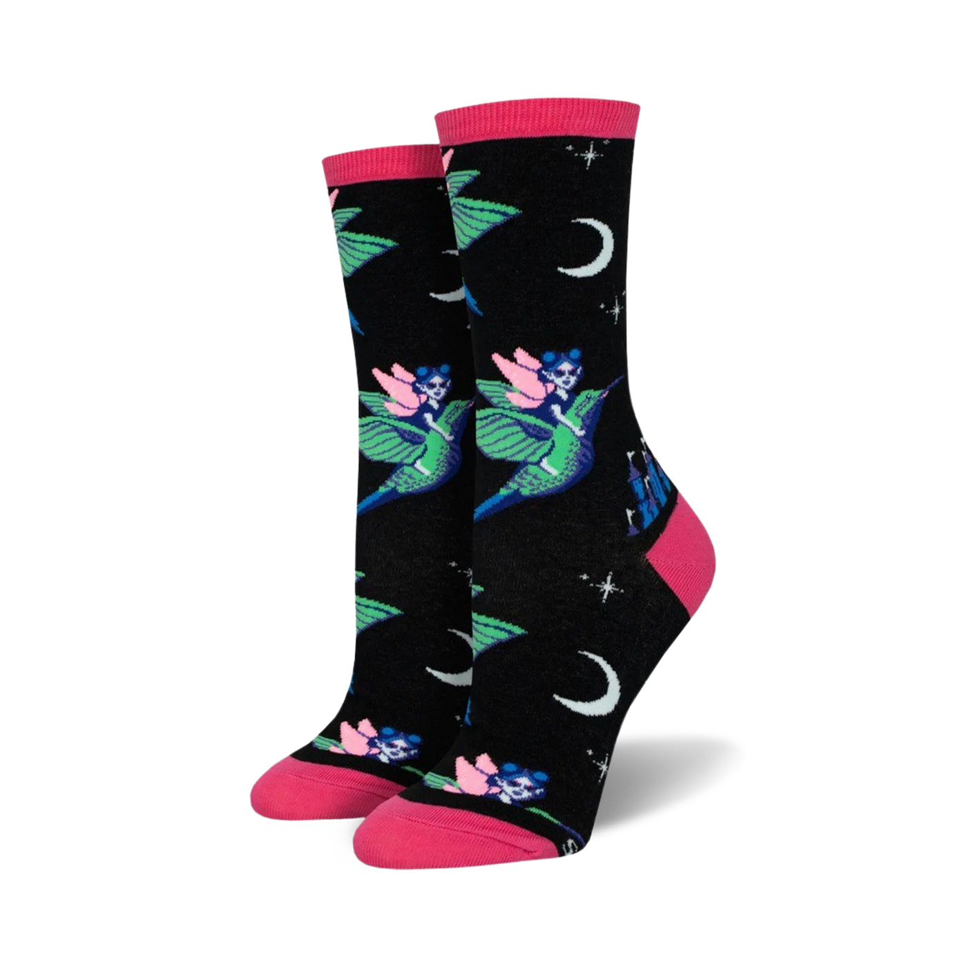 A pair of women's crew socks on a white background. Black background with pink fairies riding green hummingbirds, crescent moon, and stars.