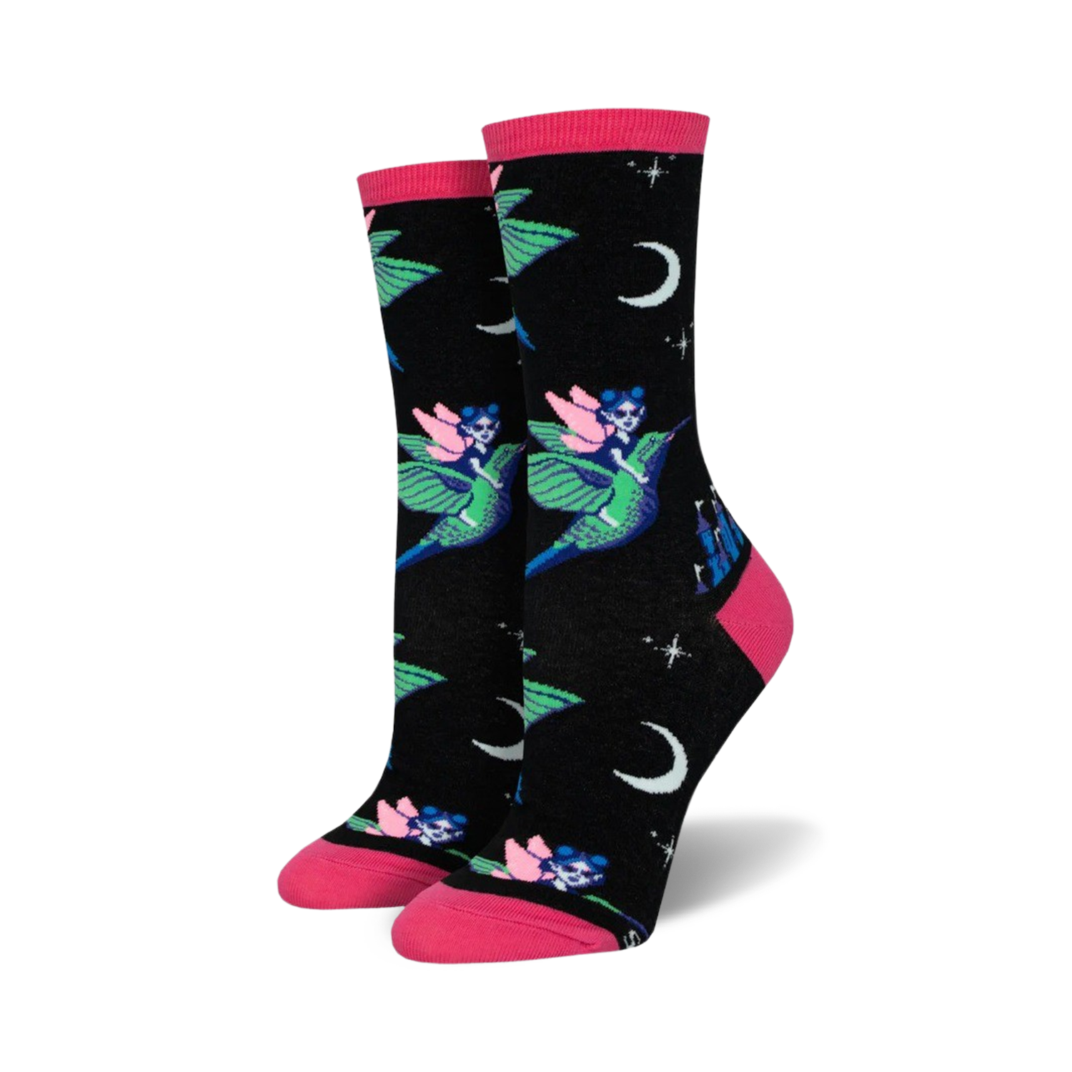 A pair of women's crew socks on a white background. Black background with pink fairies riding green hummingbirds, crescent moon, and stars.