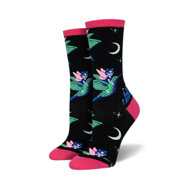 black women's fairy castle crew socks feature whimsical fairies, hummingbirds, and moon pattern  